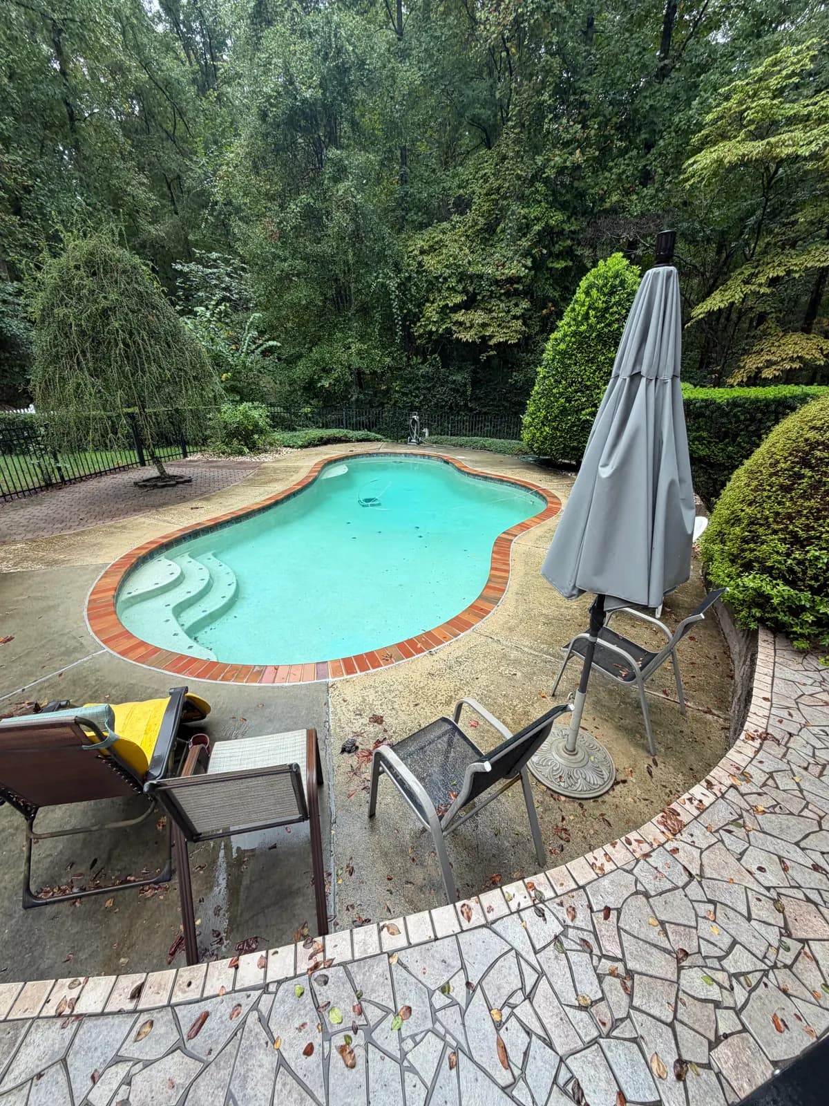 Kidney-shaped pool with a stamped concrete deck